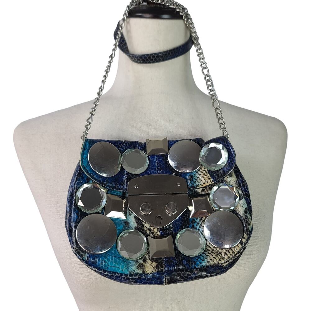White House Black Market Blue Silver Patchwork Croc Mirror Bling Bag Crossbody